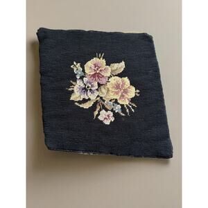 VTG Needlepoint Unfinished Pillow Cover Black Floral Cottagecore Dark Academia
